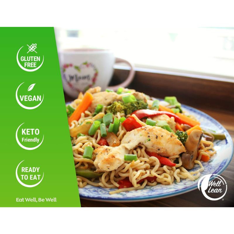 Photo of a shirataki noodle recipe in a plate. shirataki noodles are mixed with assorted chopped vegetables. Text graphics indicate the recipe is gluten-free, vegan, keto-friendly, and ready to eat.