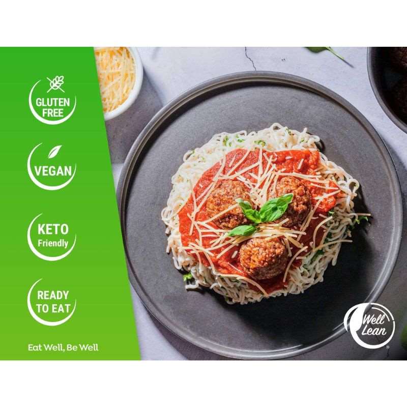 Bowl of Well Lean angel hair shirataki pasta . Label indicates the low-carb pasta meal is gluten-free, vegan, keto, ready-to-eat.