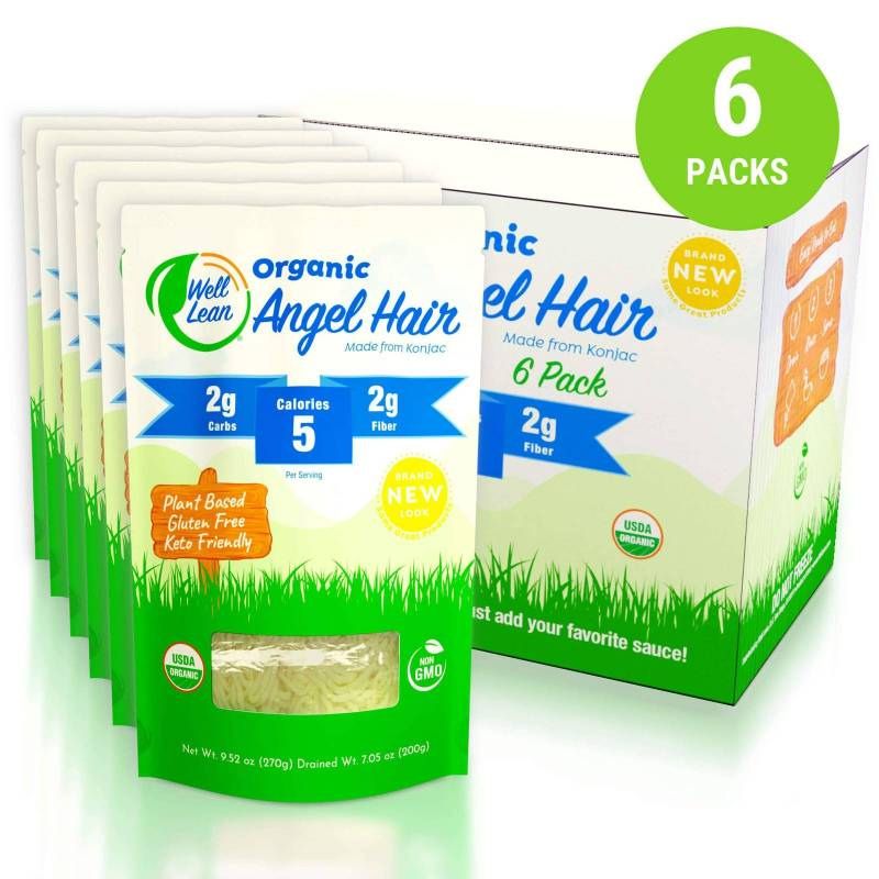 Six pack of Well Lean angel hair shirataki pasta, zero net carb Japanese konjac noodles, gluten free paleo pasta alternative, low calorie noodle substitute for weight loss diets.