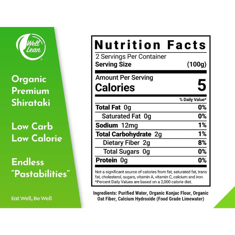 Nutrition facts table for Well Lean angel hair shirataki pasta - 5 calories, 2g net carbs, 0g fat, 0g protein per serving. Gluten free, plant-based konjac noodles. Values for sodium other micronutrients listed.